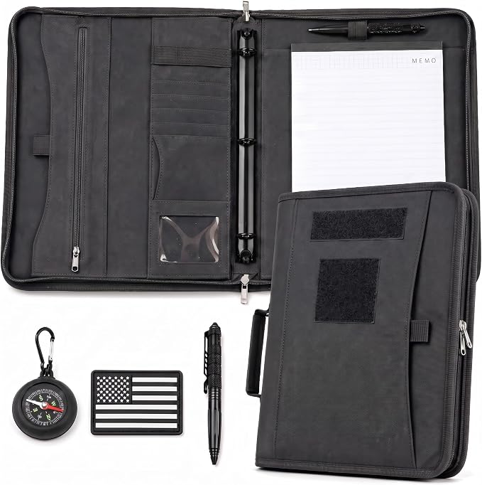 Tactical Padfolio, Detachable 3-Ring Binder with Zipper | Multi-pocket nylon organizer with carry handle, 40 letter-size sheets, pen and compass for field work, office and school