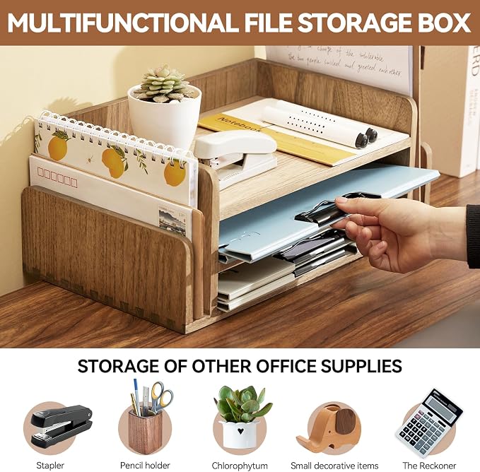 KIRIGEN Wood Desk Organizer, 5-Tray Letter Tray and Mail Sorter, Brown 2TP | Solid Wood 3-Tier Desktop Organizer with 5 Storage Areas for Mail, Folders, Letter Paper and Office Supplies, Fully Assembled