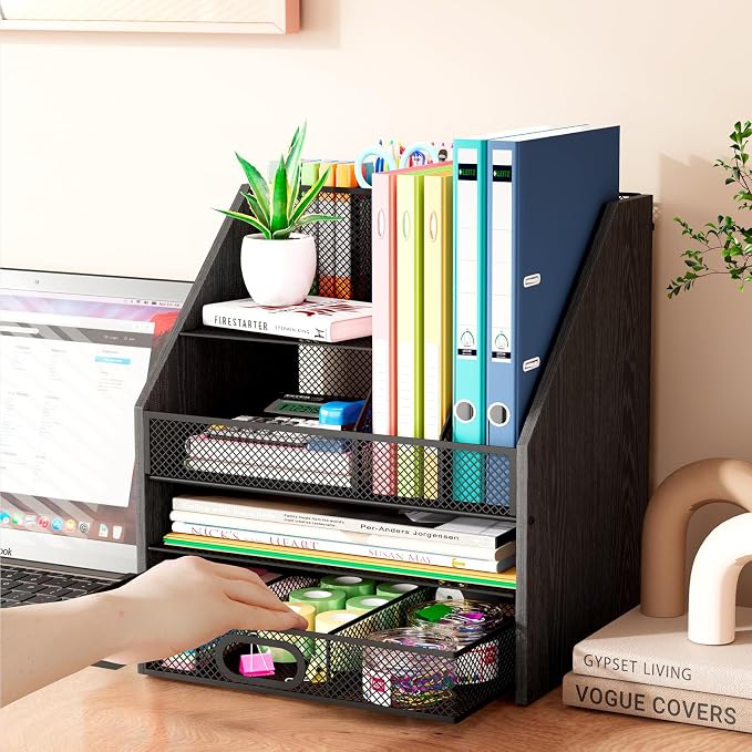Wooden Desk Organizer - Mesh File Organizer with Drawers and Pen Holder - 4-Tier Vertical Paper Letter Storage Tray, Desktop Organizers and Accessories for Home Office (Black