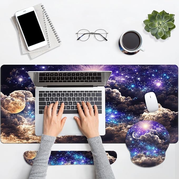 Keyboard Mouse Pad Set, 4 in 1 Desk Mat Set, Space Moon | Night Cloud Blue Large Mousepad+Keyboard Wrist Rest+Mouse Wrist Rest+Coaster Ergonomic Design for Home Office Computer