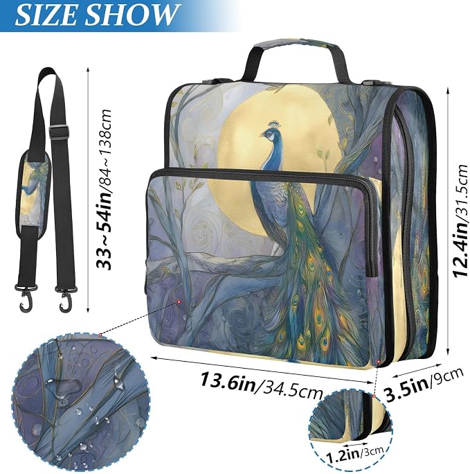 ALAZA Zipper Binder 3 Ring Peacock Moon Binder Organizer with Zipper and Shoulder Strap Large Capacity Multi-Pocket Trapper Keeper File Folder for Office Supplies
