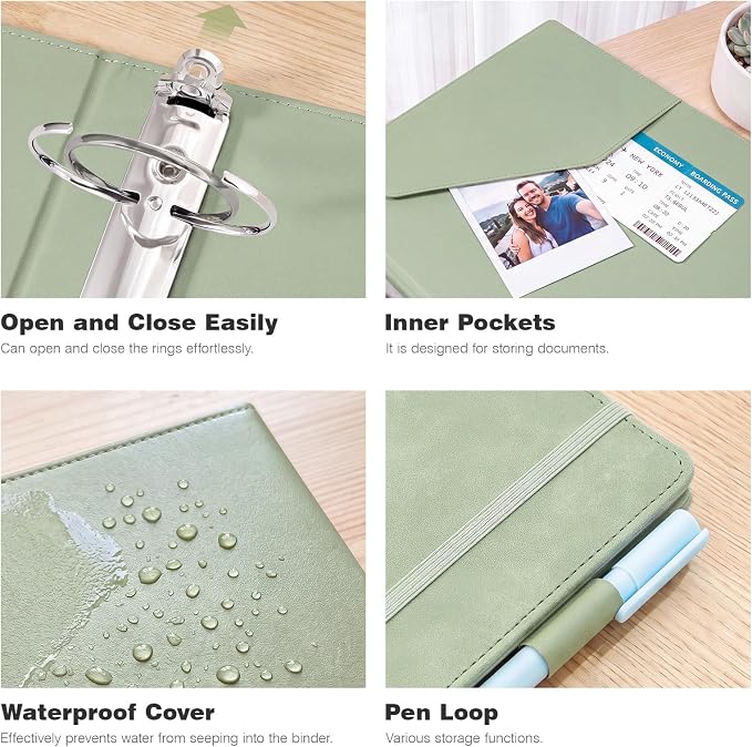 Ospelelf Vintage Hardcover 3 Ring 2 inch Leather Binder, Professional Binders Organizer Suitable for Letter Size, Binder Dividers with Tabs, Light Green