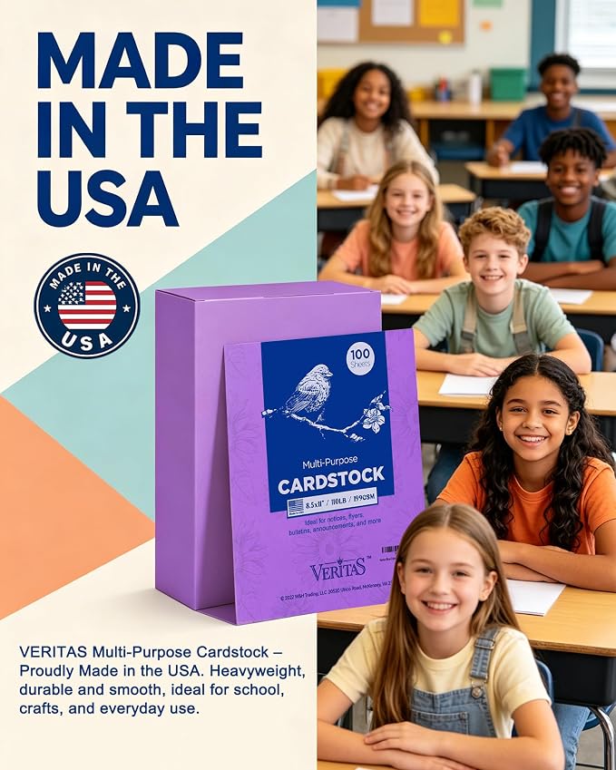 Veritas Purple Colored Cardstock, 8.5" x 11" Colored Card Stock, 110LB/199GSM Printer Paper, 100 Sheets, Colored Multi-Purpose Purple Paper, Made in USA