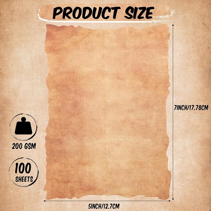 Harloon 100 Pcs Vintage Old Looking Cotton Watercolor Paper Cardstock Blank 200 GSM Thick Antiqued Deckle Edge Virgin Paper for Drawing Writing Printing Invitations Greeting (5x7 Inch)