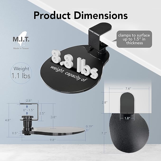 EHO Clamp-On Under Desk Mouse Tray, 360° Swivel Ergonomic Platform with Cable Organizer, Smooth Glide Surface for Gaming or Office, Fits Desks 0.5"-1.5" Thick, Tool-Free Install, TAA-Compliant