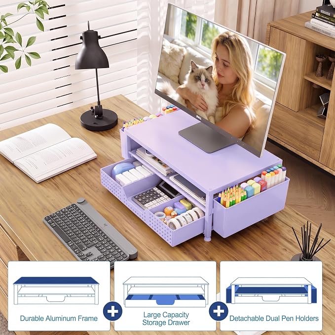 Desk Organizers and Accessories, Computer Monitor Stand Riser with Drawer and 2 Pen Holders, Printer & Laptop Stand, Office Desk Accessories & Workspace Organizers for Home Office Supplies, Purple