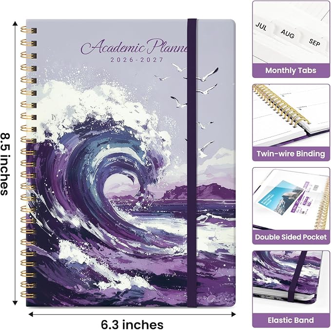 Planner 2026-2027, Monthly & Weekly Jul 2026-Jun 2027 Calendar Book | 6.3" x 8.5", Hardcover Spiral Planner with Tabs, School & Daily Pretty Agenda for Women, Students, Teachers, Violet Surge