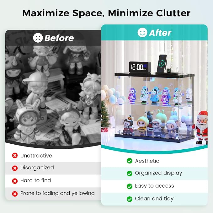 Dystler Glass Display Case with LED Lights, Small 2-Tier for Figures | Lighted Display Cabinet with Motion Sensor, Clear Tempered Glass Door, USB-C Charging Hub for Collectibles, Rocks, Tabletop