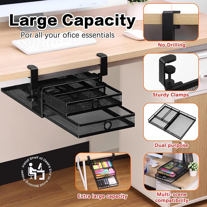 ROSYLINE Under Desk & Desktop Drawer Organizer, 2-Tier Big Capacity | Steel Construction, Clip-On No Drill Installation, Fits A4 Paper, for Office & Household Supplies