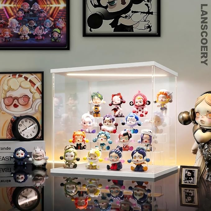 LANSCOERY Acrylic Display Case for Collectibles, 4-Tier LED Light, White | 3mm clear acrylic panels with front door access and tri-color top light for small figures on a desk or shelf.