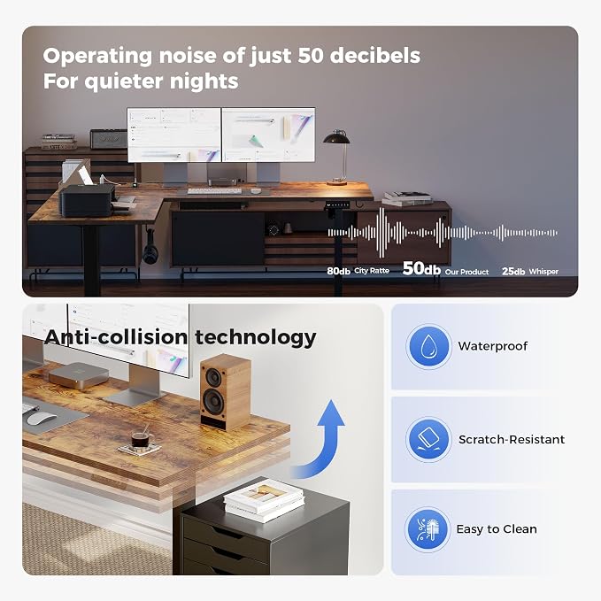 Agilestic 75 x 61 Inch L Shaped Standing Desk with Powerstrip, Rustic Brown | Outlets, Cable Management, Corner Desk, Ample Workspace, Memory Presets, Hooks, Stable Steel Frame,176 lbs, Splice Board