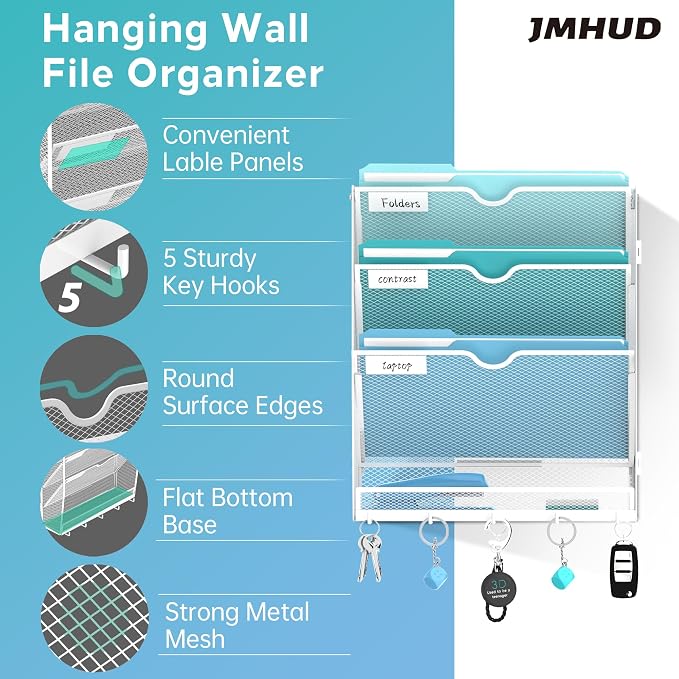 4-Tier Wall File Organizer and Mail Organizer with 5 Hooks, White | Label slots, curved openings, 5 key hooks, and a bottom tray support organized mail, file, and everyday item storage.