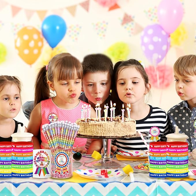 296 Pcs Birthday Pencils Set: 48 Happy Birthday Pencils, 48 Wristbands, 200 Badge Stickers for Teacher, Classroom, Party Supply