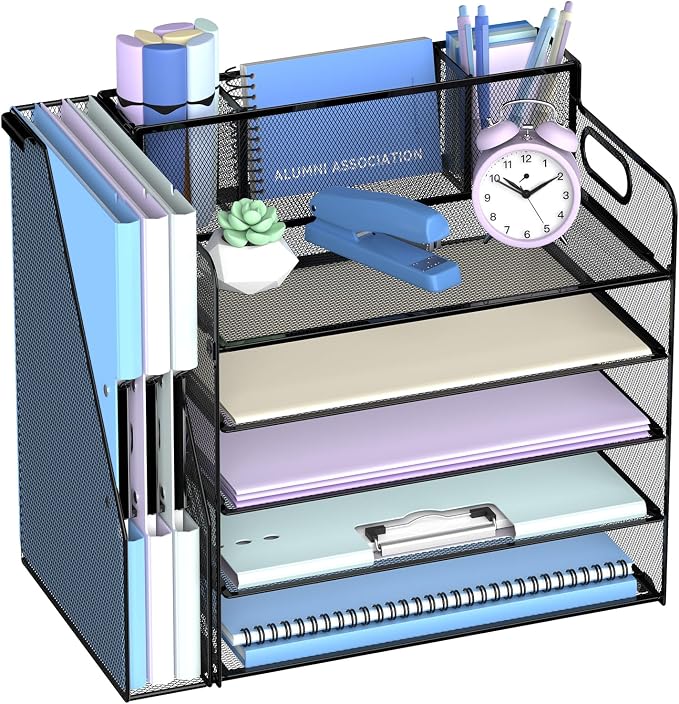 4-Tier Desk Organizer with Paper Trays, Pen and Magazine Holders, Black | Paper Organizer for Desk with 4 Paper Trays, Pen Holder, Magazine Holder and Carrying Handles for Files and Office Supplies