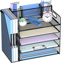 4-Tier Desk Organizer with Paper Trays, Pen and Magazine Holders, Black | Paper Organizer for Desk with 4 Paper Trays, Pen Holder, Magazine Holder and Carrying Handles for Files and Office Supplies