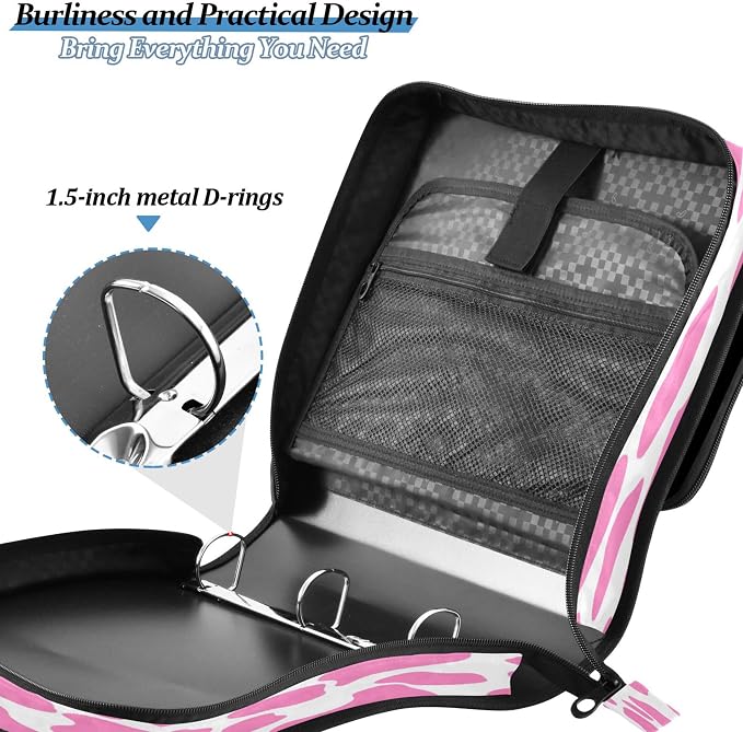 3 Ring Zipper Binder Pink Cow Print Binder Organizer Portfolio with File and Shoulder Strap & Handle Large Capacity File Folder