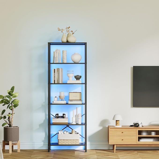 JARHETUN 6-Tier Bookshelf, Tall Bookcase with LED Lights, Book Shelf with Steel Frame, 11.2" x 23.6" x 65.4", Display Storage Shelf for Living Room, Bedroom, Home Office, Study, Black