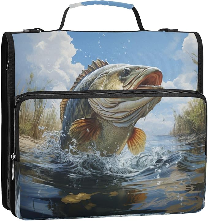 Bass Fish Binder Bag 3 Ring Zipper with Handle Shoulder Strap | for School Work Office Organizer Storage Case