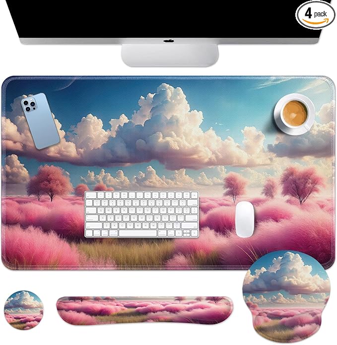 Keyboard Mouse Pad Set, 4 in 1 Desk Mat Set, Pink Clouds | Plants Dreamy Large Mousepad+Keyboard Wrist Rest+Mouse Wrist Rest+Coaster Ergonomic Design for Home Office Computer