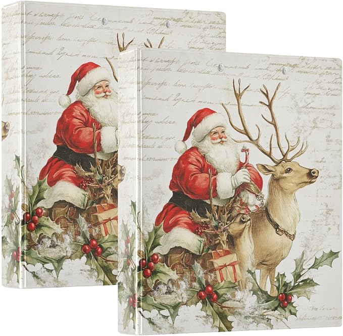 Vintage Santa Claus and Reindeer Xmas 3 Ring Binder 1.5" Decorative D-Ring Binder with Clipboard&3 Clear Pockets, Holds 200 Sheets A4 Size Paper Waterproof Binders for School Home Office|2 Pack