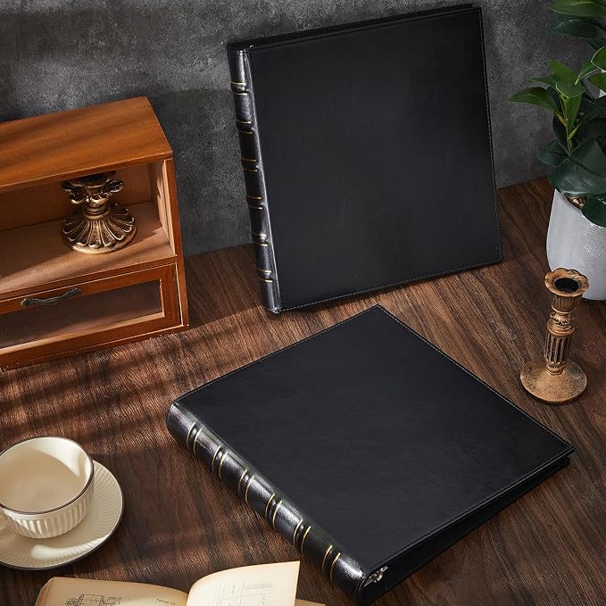 ReliThick 2 Pcs Vintage Hardback Leather 3 Ring Binder, 1 Inch D Rings Holds 200 Sheets, Professional Binder Organizer, Planner, for School and Office Supplies(Black)