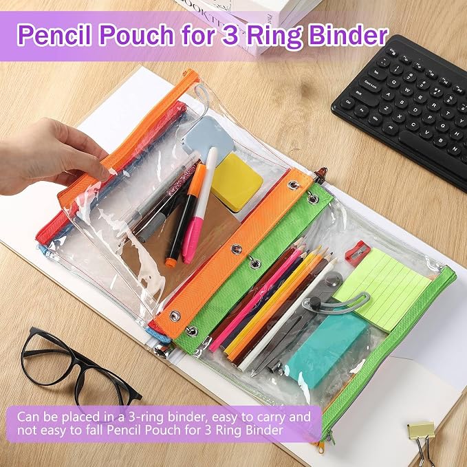 24 Pack Pencil Pouches for 3 Ring Binder Bulk Enlarge Clear Window Pencil Pouches Zipper Pen Case 3 Reinforced Grommet Pen Bag for Binder Utensil Organize Office Supplies(Rainbow Color Series)