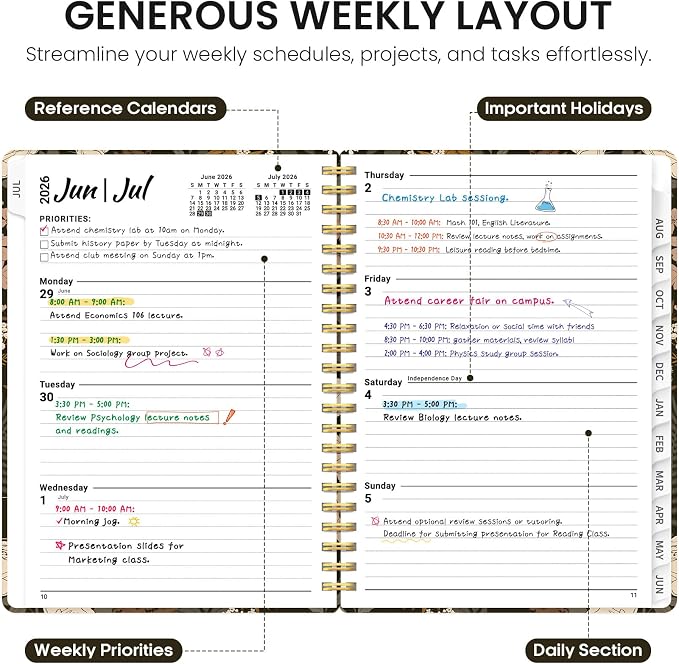 Taja Planner 2026-2027, Jul 2026-Jun 2027 Monthly & Weekly Calendar Planner | 6.3" x 8.5", Hardcover Academic Calendar, Teacher Student Agenda Book with Tabs, School Office Supplies, Wild Rose