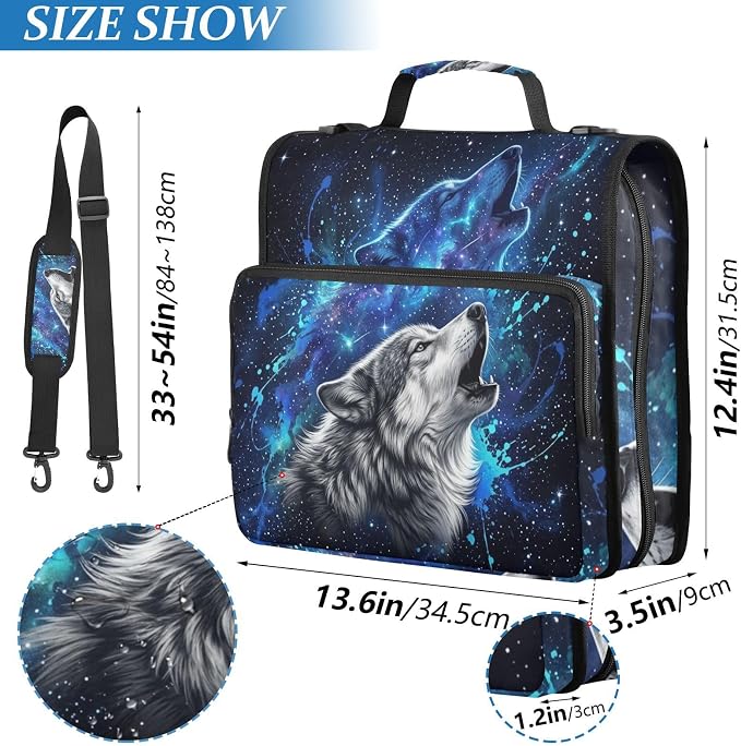 Wolf Space Star Print 3 Ring Zipper Binder with Shoulder Strap & Handle 2 Inch D-Ring Zippered Binder Bag with Multiple Pocket & Pencil Pouch, Binder Organizer for School or Office