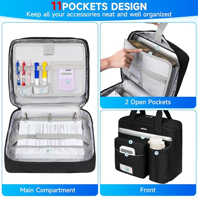 3 Ring Zipper Binder Bag, 3 Inch D-Ring 700 Sheet Capacity, Portable File Organizer with Removable Shoulder Strap & Multiple Pockets for School Office Travel Summer Study Back to School,Black
