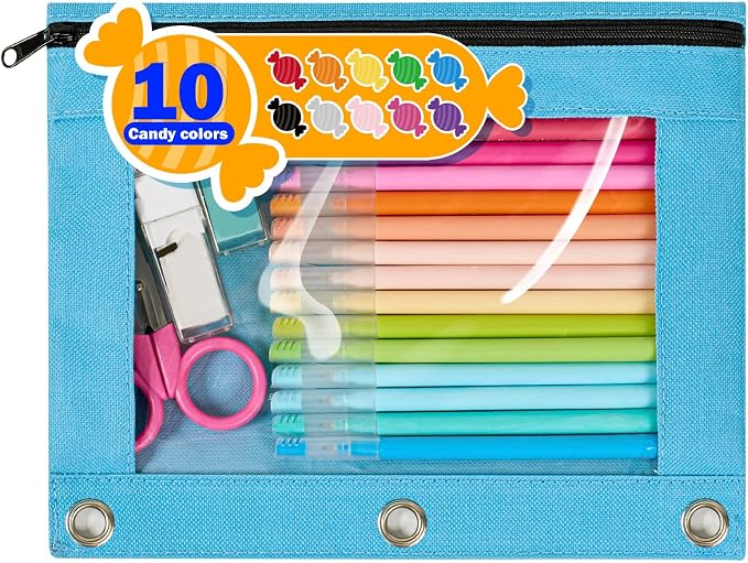 Forvencer Zippered Pencil Pouches, Premium Heavy-Duty Zippers Pencil Case | Aesthetic 3 Ring Pencil Case, Candy Colors, Cute Clear Top Binder Pouch, Colorful Zipper Pencil Bag for Girls Boys, Baby Blue
