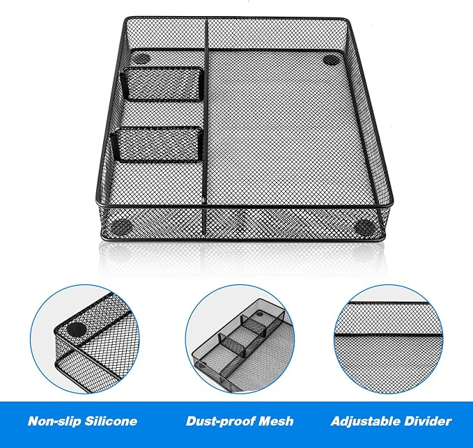 VyGrow Desk Drawer Organizer Tray, Metal Mesh Drawer Organizers Office, 4 Grid with Adjustable Compartment, Desk Organizer Tray for Home Office 12x10.6x1.9 inch Black, 2 Pack
