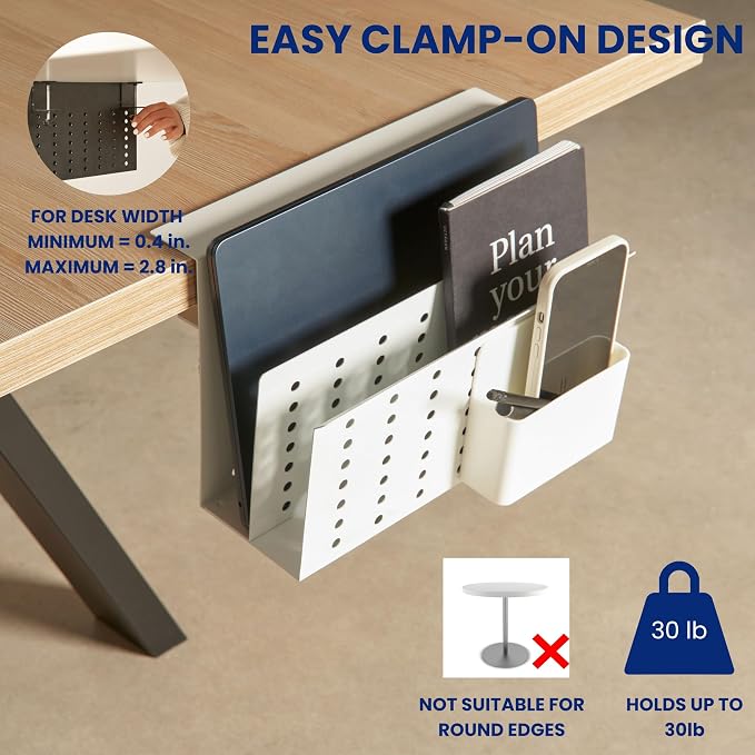 GAROOD Laptop Side Storage Vertical Stand Under Desk top Storage Clamp On Desktop Shelf Hanging Desk Organizer Computer Mount Side Table Organizer Caddy Book Caddy - Two Tier White