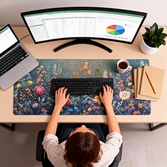 Floral Aesthetic Wildflower Gaming Mouse Pad, Morandi Vintage Botanical Desk Mat with Anti-Slip Base & Stitched Edges,35.4" x 15.7" in Desk Accessories for Women, Home Office Decor & Artistic Gift