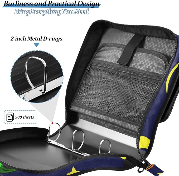 3 Ring Zipper Binder with Shoulder Strap Alien Space Cartoon 2 Inch Zippered Binder Bag 500 Sheet Capacity Multi Pockets for School Supplies