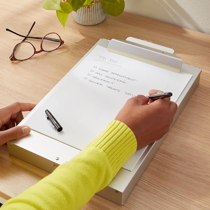 Amazon Basics Metal Clipboard with 2 Storage Compartments, Letter Size, 250 Sheet Capacity, Office Supplies with Self-Closing Latch, 14.1 x 9.2 x 2.6 inches, Silver