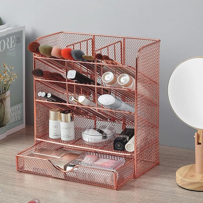 Spacrea Pen Holder Desk Organizer - Desk Organizers and Accessories, Pencil Holder with 10 Compartments and 1 Drawer（Rose Gold）