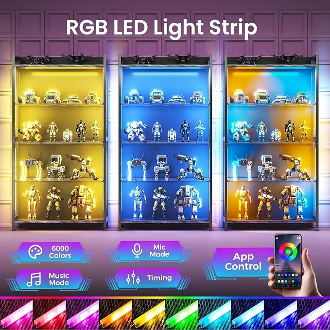 AODK Display Case with Glass Shelves & RGB Lights, 4-Tier Display Cabinet | LED Display Shelf with Industrial Metal Mesh & Open Shelf Design for Collectibles, Black Curio Cabinet, Book Case
