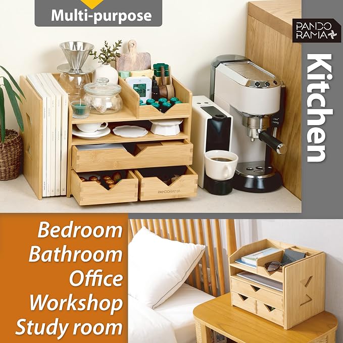 Pandorama Bamboo Desk Organizer Large - A4 Drawers & Adjustable File Holder, Fully Assembled Wood Desktop Storage for Kitchen, Bedroom, Bathroom, Study Room