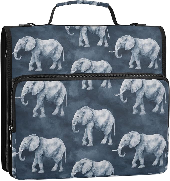 Fisyme Grey Vintage Elephant Zipper Binder 3 Ring with Zipper and Shoulder Strap Large Capacity Multi-Pocket Binder Organizer