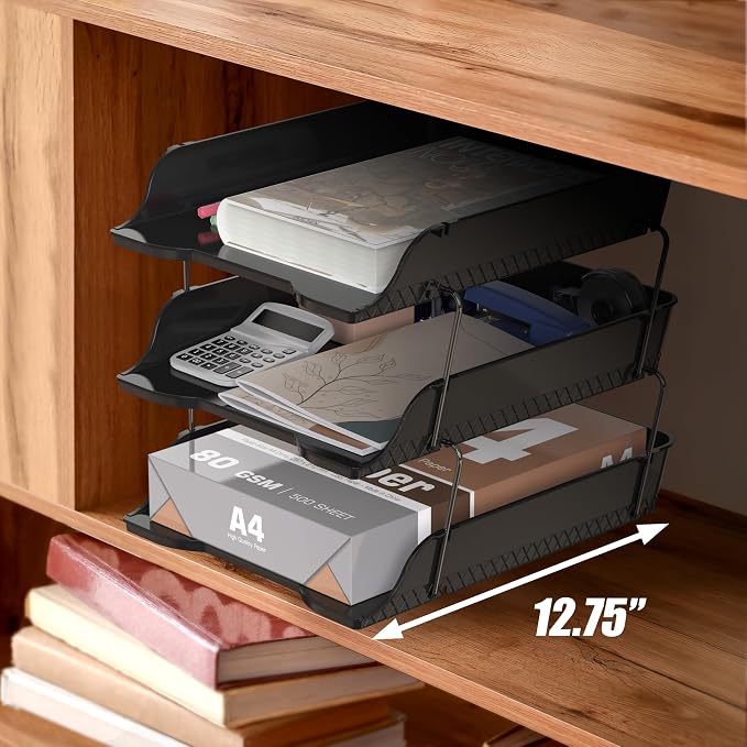 Simple Houseware 3-Tier Stackable Paper Tray for Desk Organizer, Black | Desktop File Holder for A4/Letter Size Documents, File Sorter, Paper Holder, Office File & Accessories Storage