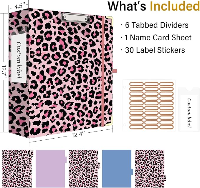 3 Ring Binder 3 Inch, Cute Round Ring Binder with 6 Tab Dividers & Label Stickers, Low Profile Clipboard with Storage, Fashion Binder for School Office Supplies (Pink Leopard)
