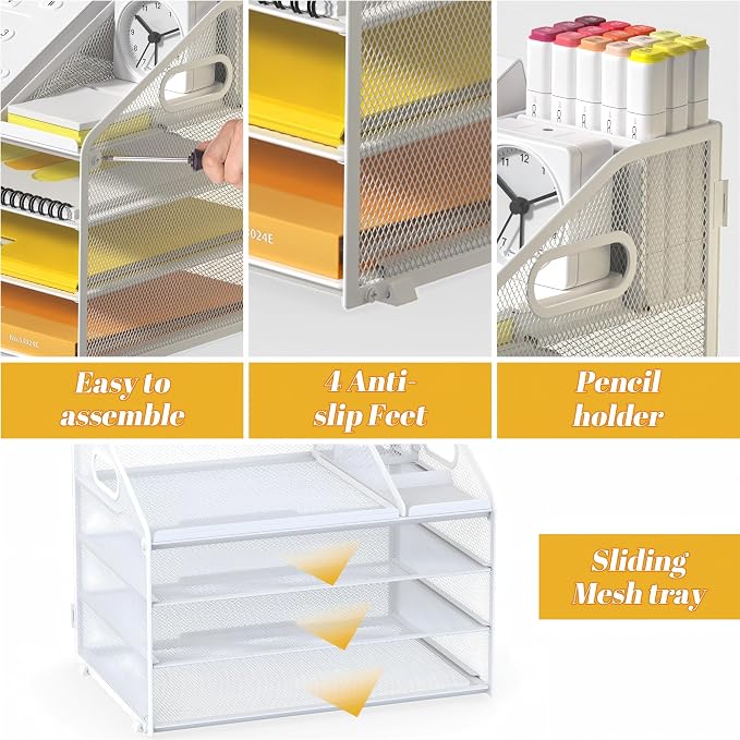 4 Tier Mesh Desk Organizer with Pen Holder and Handle Letter Tray | Metal desktop document shelf and paper sorter. Premium mesh workspace storage for office, home, and classroom