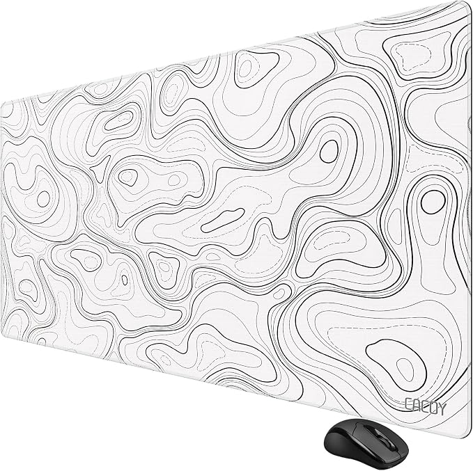 Cacoy 48"x24" White Topographic Large Gaming Mouse Pad Extended PC Desk Mat | Extra Large Computer Mouse Mat with Stitched Edges, Minimalist Contour Line Non-Slip Rubber Base Desk Pad Office Accessories