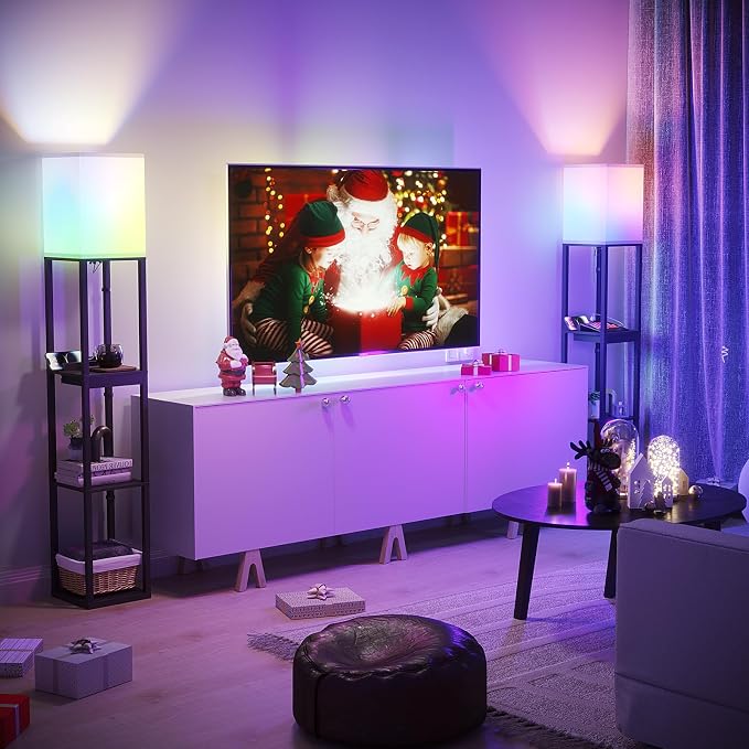 SUNMORY RGB Floor Lamp with Shelves, Solid Wood Shelf Lamps for Living Room | Smart APP RGB Bulb, 1 Drawer & 2 USB Ports & 2 Power Outlet, Modern Standing Lamp, Corner Tall Bookshelf for Bedroom