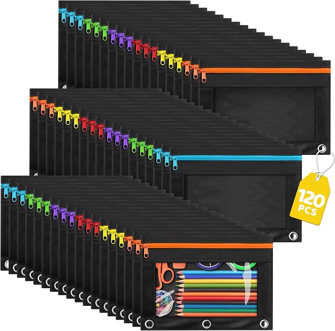 120 Pack Pencil Pouch for 3 Ring Binder, 3-Hole Clear Window Zipper Pencil Bags in Bulk, Heavy-Duty Fabric Pencil Case Pouch, Versatile Cartuchera for Academic and Professional School Supplies