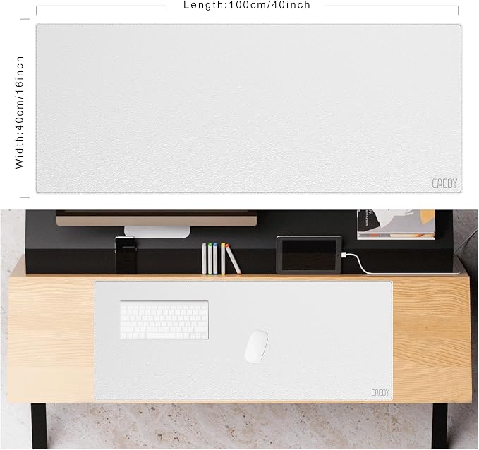 Cacoy 40" x 16" Oversized PU Leather Desk Mat, Extended Gaming Mouse Pad Writing Mat, Leather Desk Pad Blotters Protector for Office, Home, Computer, Laptop - White