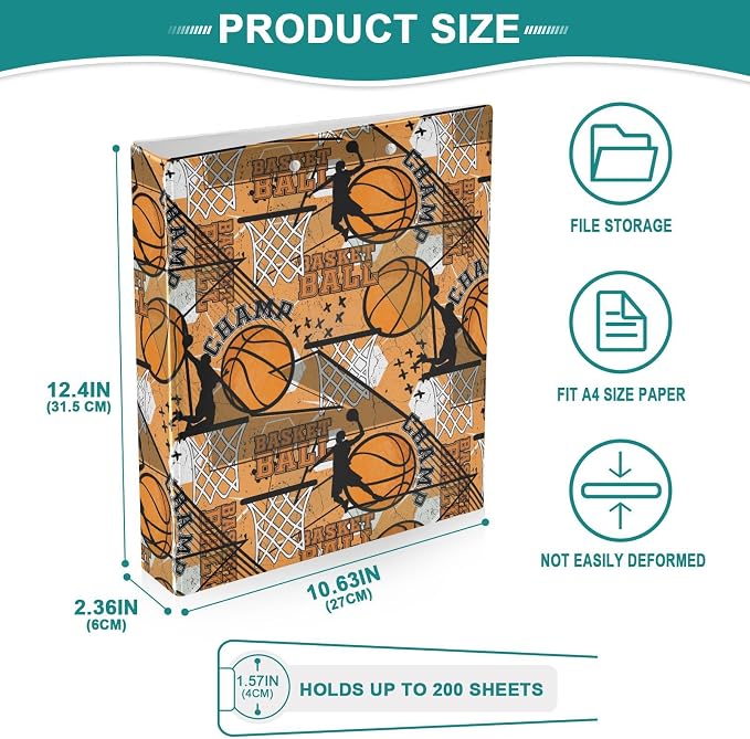 Orange and Black Basketball Sport Binder 1.5 Inch Binder with Clipboard&Pockets, Hardcover Binders 3 Ring, Heavy Duty Large File Folder for Home Office School Supplies-Holds 200 Sheets, 2 PC