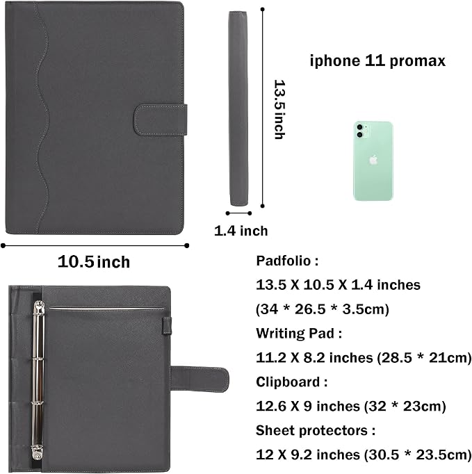 Wonderpool A4 PU Leather 3 & 4 Ring Holder Writing Portfolio Multi Document Case with Removable Binder Clipboard and Functional Pocket for Organizer Office Travel School (Grey)