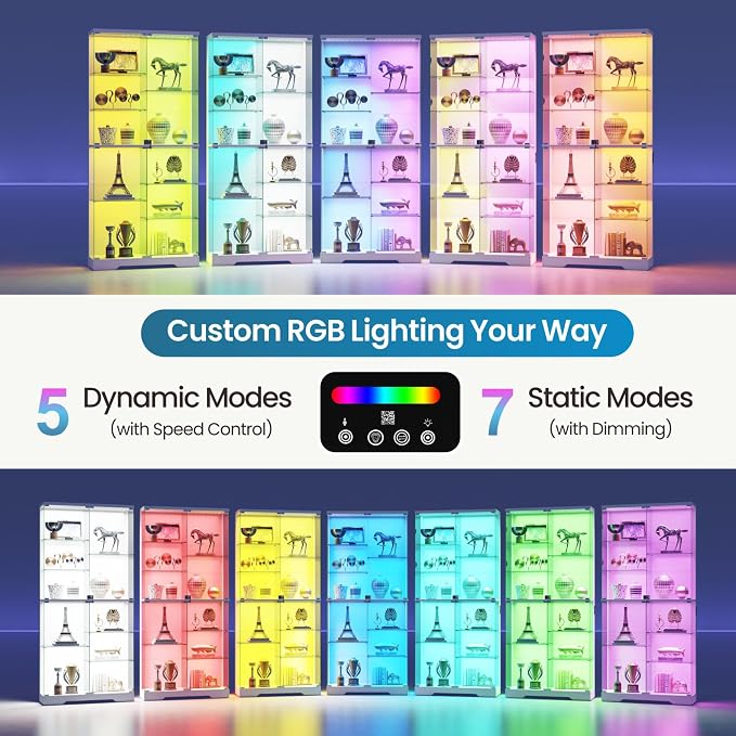 Lvifur 10-Tier Glass Display Cabinet with RGB Light and Motion Sensor,White | 71''H Lockable Curio Cabinet with Glass Doors,China Cabinets with Removable Shelves for Collectibles,Lighted Showcase,White