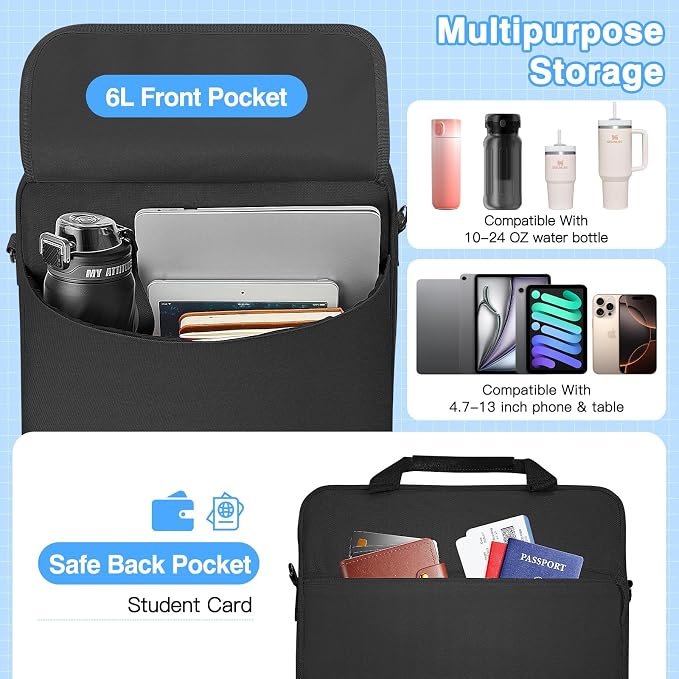 MoKo Zipper Binder Bag, 2-Inch 3-Ring, 500 Sheets, Black | 6L water-resistant bag fits a 13-inch tablet and 14-inch laptop, with backpack, shoulder and hand carry options.